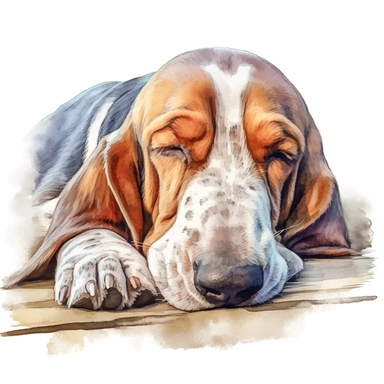 close up high detailed, Hand drawn watercolor clipart of Bassett Hound sleeping in a cabin, on a pure white background for background removal, no shadow, no paint splash