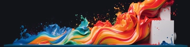 a large, 3D printer spewing out an endless scroll of vibrant, colorful paper, the paper flows out in waves, creating a dynamic, eye-catching movement. The colors on the scroll can represent the range of your product offerings — fiery reds, deep blues, earthy greens, and more, Overlapping the printer, and slightly towards the right side, visualize a sleek, high-definition tablet. The screen of the tablet displays a grid of digital thumbnails, showcasing a variety of digital download products such