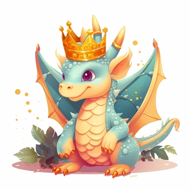Cute dragon clipart, wearing a golden crown