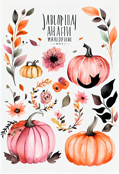 a pretty boho fun art collection on a white background with margins, pink orange and black Halloween pumpkins, watercolor, clipart,