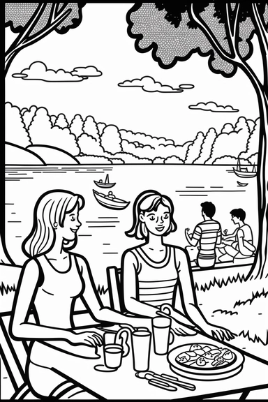 HAVE A PICNIC by a pond, realistic modern cartoon style, bold black lines, in style of coloring book page for adults, illustration, BLACK AND WHITE, clean lines, vector lines, hand drawn, clipart, printable outlined art, white background, white spaces for coloring in, perfect hands, symmetrical face, perfect legs, symmetrical body
