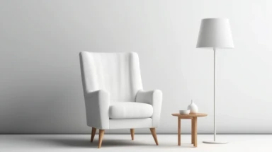 White fabric armchair on white background 3d rendering image.there are clipping path on an armchair and lamp, blank space, Bright color, ultra realistic
