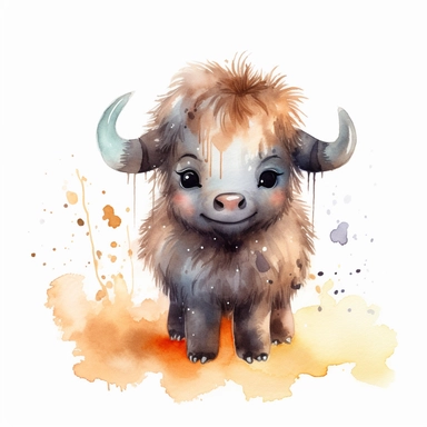 watercolour Happy Baby Buffalo Cartoon Clipart, Cute, no text