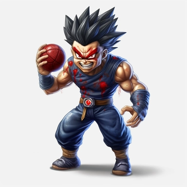 ClipArt of a Gohan football player male with a Heroic smile Glowing red eyes, holding a grenade and a football, wearing a dark-blue ripped-up football, jersey, wearing a cracked football helmet, realism with a white background ar-- 2:3