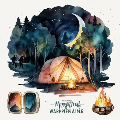 Camping by Night Watercolor Clipart, Hiking family, Camping Bundle PNG, Moon light, Fireplace, Tent, Campers, Forest, white background with margins + 2D