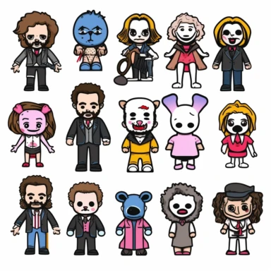 /imaginea set of black line clipart inspired by killer clowns income inequality and The Purge and Lego and Funko Pop toys