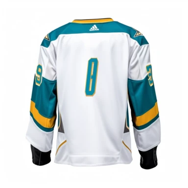 white colour ice hockey jersey from behind, with teal and gold trims, white background, clipart style