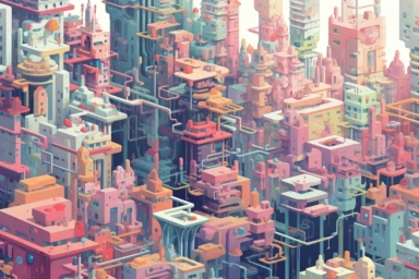 a close up of a infinite loop cyberpunk city on a white background, james gilleard and james jean, escher, trending on artisation, connectedness, scutoid, mit technology review, by Sam Spratt, dan mcpharlin : : ornate, wormholes, tetris, monolithic, stylized stl, clipart icon, simple 4 colors from gray to metalic blue, vector-based, sharp border, plane color and very define, high quality, digital art, 8k resolution, masterpiece, congruent, amazing, incredible, awe-inspiring, mind-blowing, master