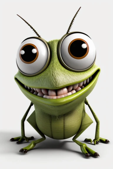 no text, 3d whole body clipart of a smiling, friendly locust, cartoon network style, friendly face, head unproportionally bigger than body, detailed body shape, front shot, insanely big shiny eyes, caricatured face, insanely glossy, plastic like fur and skin, light background, unrealistic, 8k photography, cinematic, super cute face, Photography, Ultra-Wide Angle, Depth of Field, hyper-detailed, beautifully color-coded, insane details, intricate details, Unreal Engine, Cinematic, Editorial Photog