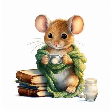 watercolor clipart, cute little brown mouse wearing glasses and a green scarf, sitting on the top of a sewing thread spool reading a book, soft golden glow, isolated and centered on a white background, detailed 8K