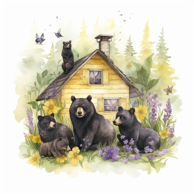 hand drawn family of black bears, wearing clothes in shades of yellow and purple, at a cabin in the woods, bumblebees, purple flowers and grass, very detailed, very realistic, watercolor, clipart style