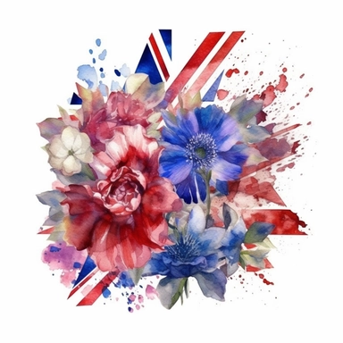 watercolor flowers, british colours, union jack, great britain, clipart, white background,