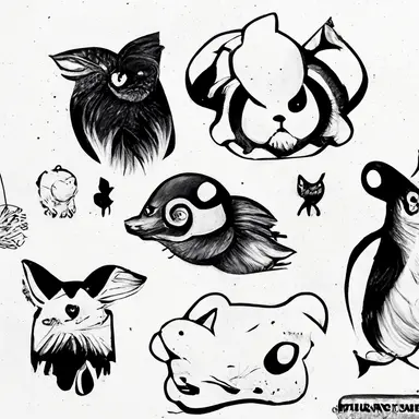 Pokémon style animal, tattoo flash sheet, separate images, black and white, sticker, line art, clipart, white border
