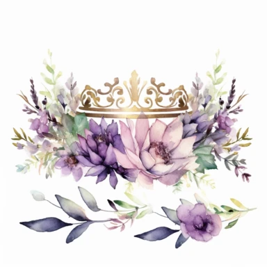 line of purple and lilac watercolor flowers with a simple clipart princess crown on top, watercolor gold, green, purple, white background