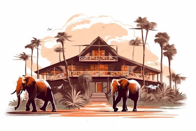 safari lodge in Kenya with an Elephants vector clipart | safari lodge in Kenya with an Elephants vector on white background, in the style of high quality photo, CHARCOAL VERMILION and CLAY color