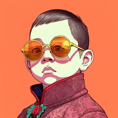 Jim Lee's drawing depicting a short chubby little round elf elvish holy prophet Chinese young boy child with dark sunglasses, Mike Allred Josh Kirby, handpainted enamel retrowave, clipart illustration, circular frame solid background