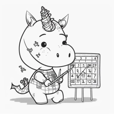 cute clipart cartoon of an happy unicorn Participating in math class at school studying coloring book cartoon style vector lines black and white with no background--v4