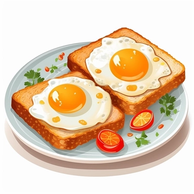 clip art of delicious sunny side eggs on top of tasted bread and cheese, served on a tray, make it look colorful and delicious. High quality