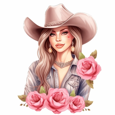 Cute Beautiful Cowgirl Rose Sublimation Clipart,Cartoon,hyper realistic, intricate detail, illustration style,high solution , on the white background