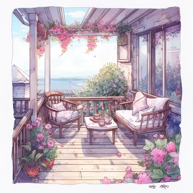 watercolor, hyper realistic, white background, white margins, 16k, ultra detailed clipart, cut out image, hand-drawn, whimsical manhwa style A charming terrace with a wooden trellis, covered in blooming vines of purple and pink flowers. A cozy seating area is set up, with soft cushions and throws in pastel hues of pink and blue.
