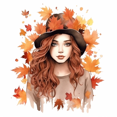 Just a Girl Who Loves Fall , style by Lucy Fleming, watercolor, smooth gradients, black contour outline, ultra detailed, clipart elements, delicate pastel colors, solid white background, super clear, high quality