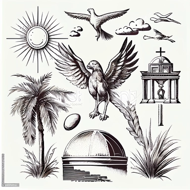 A black and white vector drawing of a variety of protestant christian objects including Palm branches, Open hands, Hearts, Lambs, Dove with an olive branch, Empty tombstones, Lion and the lamb, Doves in flight, Keys of heaven, Sunbursts, Halos, a detailed drawing inspired by Josef Navrátil, Anno Domini, black and white vector art, clipart, highly detailed vector art, coherent, white background