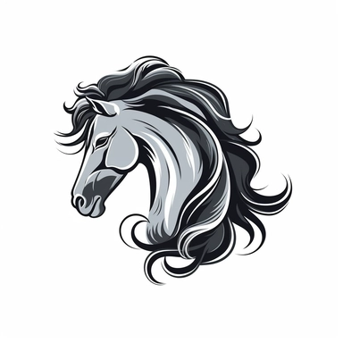 Clip Art, 2d, Flat Vector, SILVER ARABIAN Breed Horse With BLACK Extremely long thick Mane LOGO on White Background, NO TEXT, NO WATERMARK,