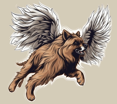 A flying caucasian dog with spread wings logo design, vector clip art illustration free download, grim realism style, Fang Lijun, cartoon realism, dark white and brown, uhd image, mural and mural, engraved line