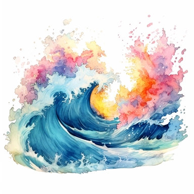 watercolor crashing waves, shades of coral turquoise yellow and blue, glamorous, very detailed and realistic, white background with margins, clipart style
