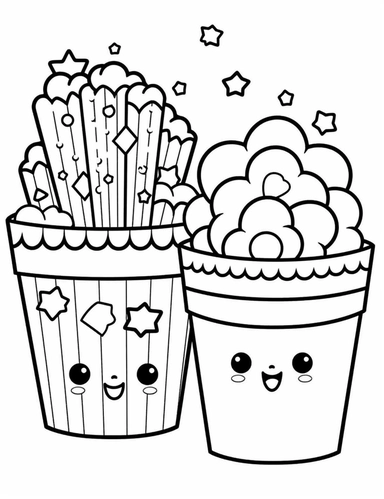 Kawaii popcorn boxes with happy expressions, filled with popcorn in different colors and flavors For Simple Coloring page,line art, thick lines, black and white,clipart, illustration, on white background,margin Page 10px