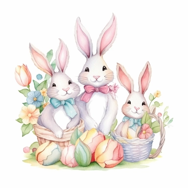bunny family celebrating easter, easter eggs, pastel flowers, watercolor, clipart, isolated white background, rich in detail