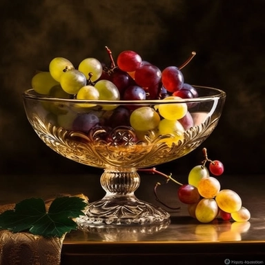 classic fine art photography of a tropical fruit bowl wine glasses grapes golden leaves, high definition, ultra realistic, clip art on white background k8