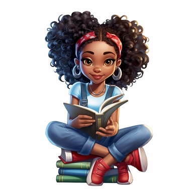 Curly head Haitian girl with pigtails reading a book in a library, red shirt, blue jean shorts, clipart, white background