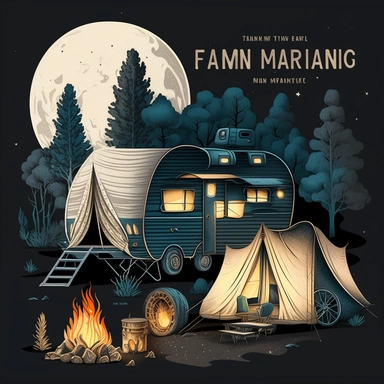 Camping by Night and Camping Trailer Clipart, Hiking family, Camping Bundle PNG, Moon light, Fireplace, Tent, Campers, Forest, white background with margins + 2D