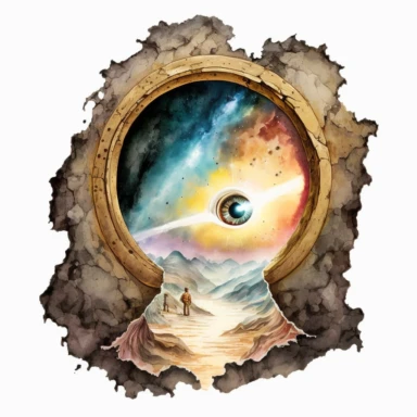 looking through a keyhole to a space scene. artwork medium is watercolor clipart.