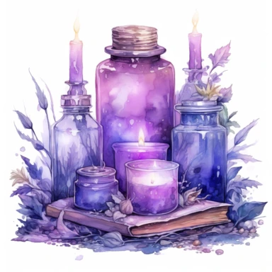 Picture of bottles, books, and candles, in the style of dreamlike fantasy creatures, violet and gray, detailed background elements, fairy academia, mysterious backdrops, made of crystals, natural phenomena, watercolor clipart