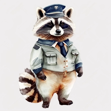 Stylish funny Raccoon in a white sea uniform, white uniform, white full body, colorful waterpaint Clipart, watercolor, high-quality illustration, professional raster graphic, white background, Studio Lighting, ultra-detailed, 8k