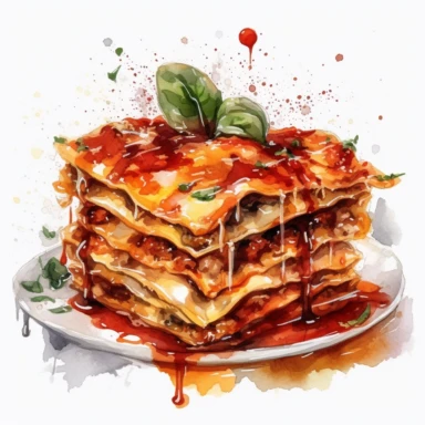 lasagna with melted cheese on top, watercolor clipart, white background, hd,