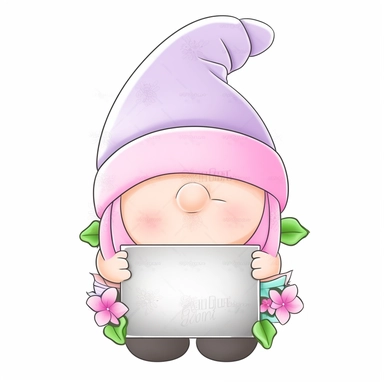 an adorable, cute clipart-style Gonk gnome illustration, perfect for Mother's Day product designs. The gnome should have a sweet, cheerful expression and wear a soft pastel-colored outfit, incorporating gentle shades of pink, lavender, and mint green to convey a warm, motherly vibe. The Gonk gnome should be holding a blank whiteboard in front of him, providing a customizable space for personalized messages or designs. Add charming details such as a floral-patterned hat and a heart-shaped pendant