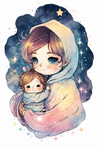Illustration of chibi mother and baby with pastel galaxy stars, clipart image, watercolor, digital art, sharp edges, no shadow on background, white background