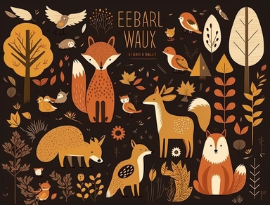 cute animals in autumn forest clipart, deer, fox, birds, hedgehog, bear, vector, in the style of #vfxfriday, stenciled iconography, colorful animation stills, cut and paste
