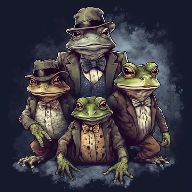 a unique and creative high resolution watercolor clipart of a gang of frogs posing with humanoid body