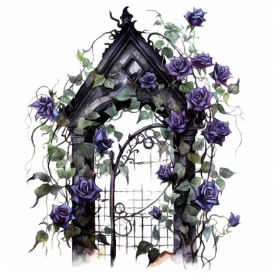 A gothic trellis covered in climbing black roses and deadly nightshade clipart, white background, watercolor drawing