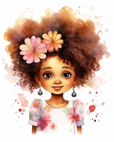 a little afro girl portrait in watercolor Disney style clipart on white background, hugh eyes, sarah kay, holly hobbies, valentines day
