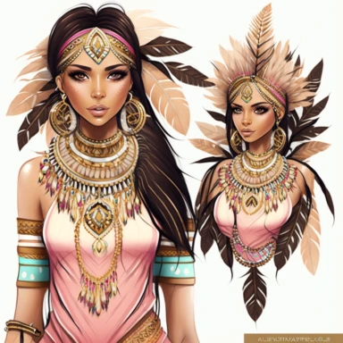 cartoon clipart beautiful american indian woman with tribal feather necklaces and bracelets ,features Alicia Mujica Art stile, whole body, GOLD AND PINK , LUXURY, GLAMOUROUS, INTRINCATE
