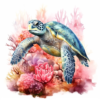 watercolor sea turtle next to floral coral reef clipart, creative and detailed, white background