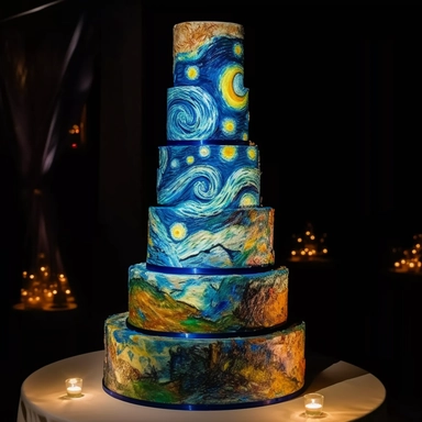 Interactive Van Gogh style cake, 5-tier, spherical design, each tier representing a celestial body in the couple's unique layer, hand-painted with edible luminescent colors, creating an ethereal glow in dim lighting, a motorized, food-safe mechanism enabling the tiers to rotate slowly, decorated with sugar constellations depicting the couple's love story, an embedded touchscreen interface allowing guests to explore the cake's design, and a built-in, synchronized light and sound show that activat