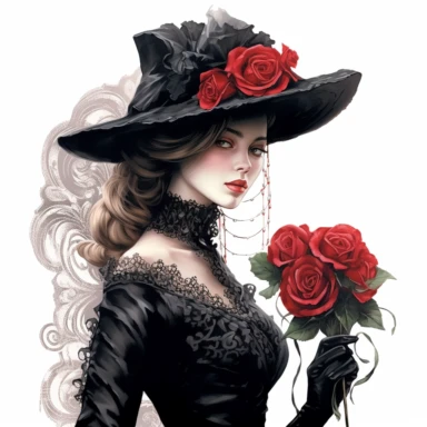A striking Victorian lady in a luxurious jet black gown, featuring intricate lace details and delicate floral embroidery. With a regal Victorian-style hat adorned with a vibrant red rose, her full silhouette radiates sophistication and allure. Against a pristine white background, she embodies the opulent fashion of the Victorian era. Clipart, watercolor, white background, intricate detail, hyper-realistic, unreal engine cinematic smooth, captivating Victorian-style hat, exquisite Victorian-inspi