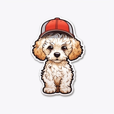 full body poodle dog with cap sticker, modern style animated, white background, cute eyes, die cut sticker, no image noise, clipart, no hyper detailed lettering, maximum detail-8k