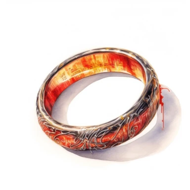 Solid white background, Detailed watercolor the one ring from lord of the rings clipart. The ring is gold and the engraved markings are glowing red hot as if from a forge
